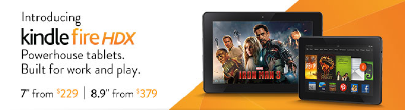 Banner image with only the English font for the Kindle Fire HDX, highlighting it as a powerhouse tablet built for work and play. The ad features two tablets: one displaying the movie Iron Man 3 and the other showing various apps. The text mentions the prices starting at $229 for the 7-inch model and $379 for the 8.9-inch model.